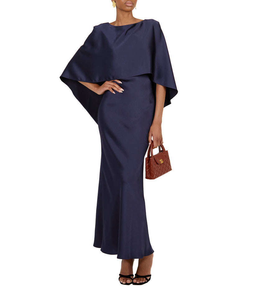 Midnight Satin Cape Dress