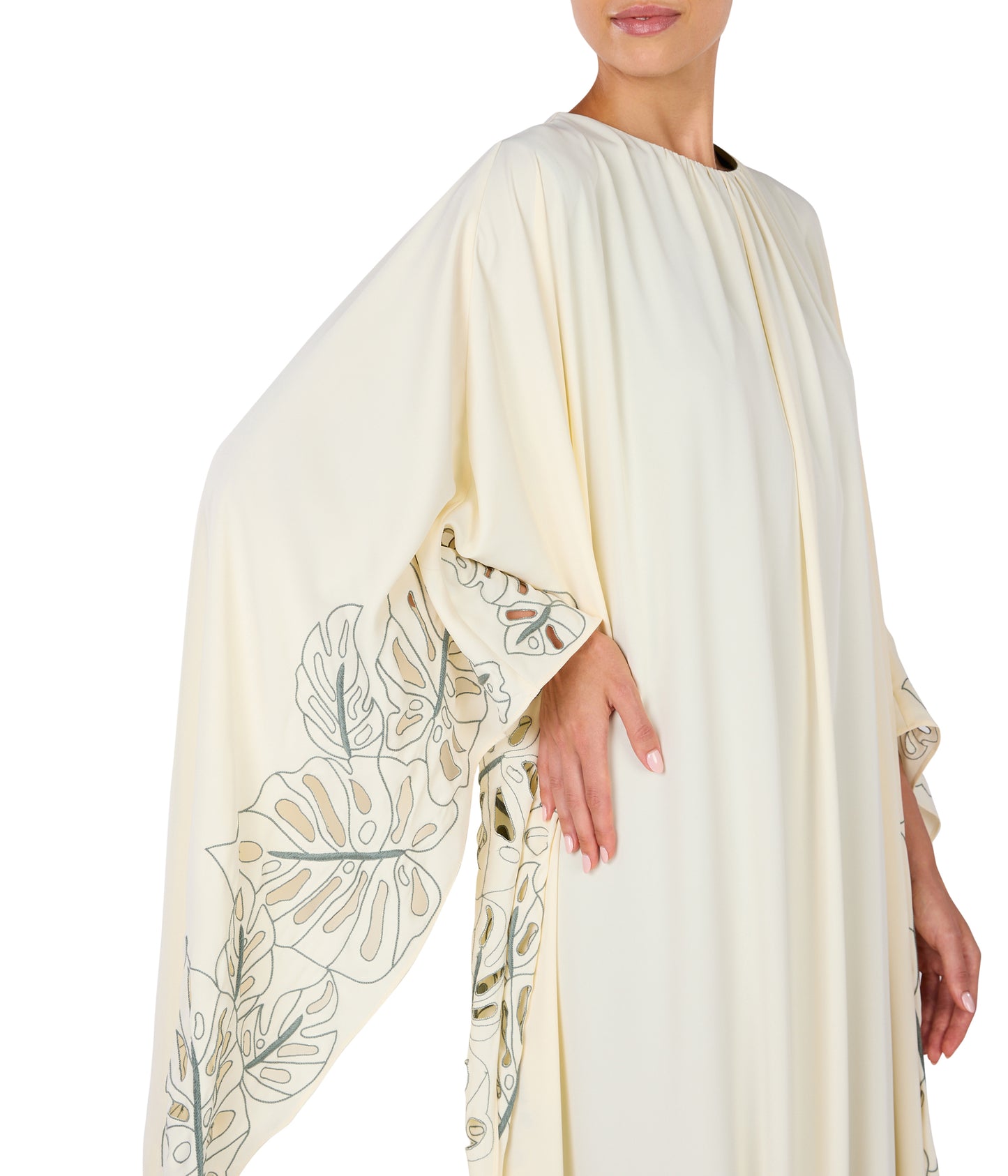 Gathered Neck Leaf Embroidered Kaftan