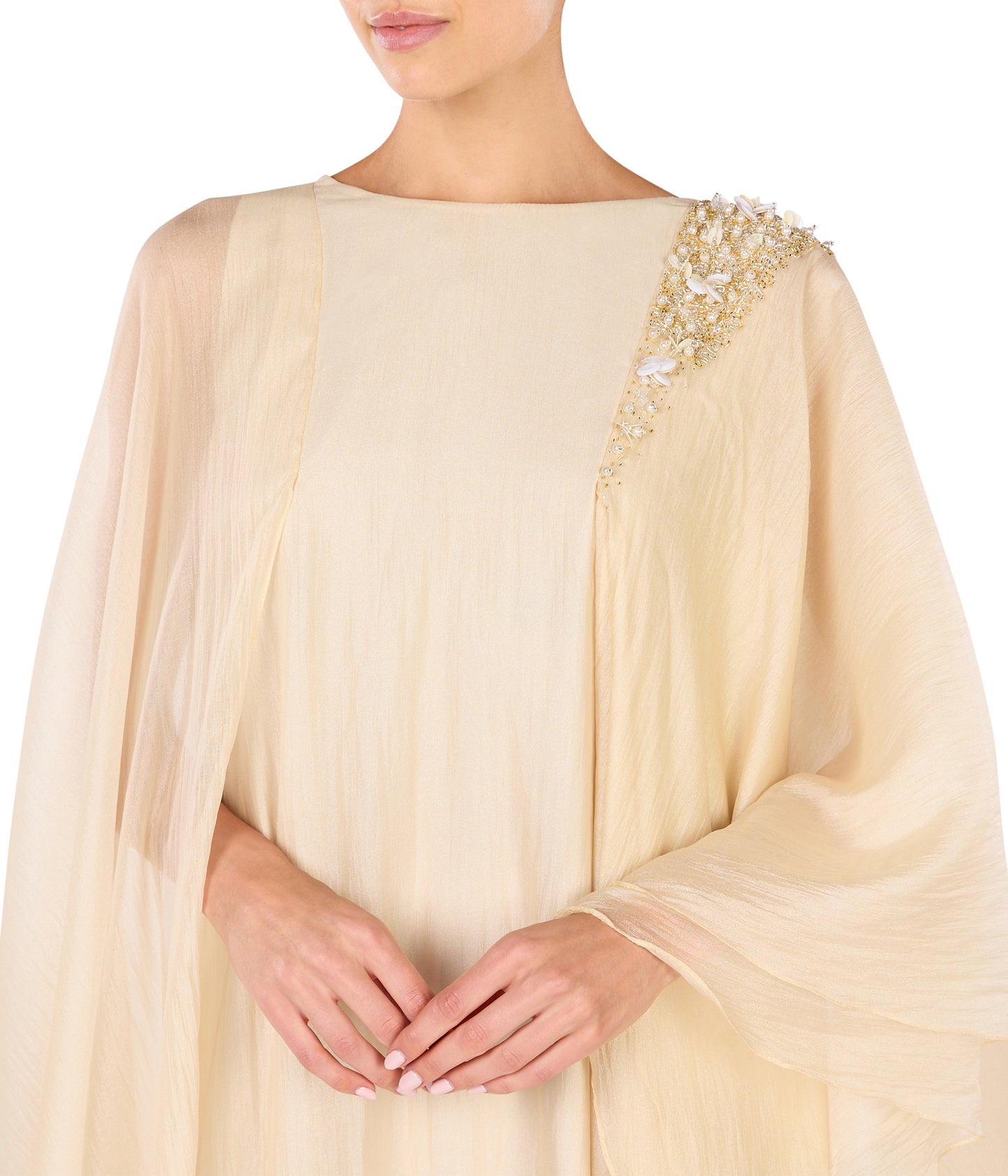 Round Neck Kaftan Dress With Beaded Embroidery On Shoulder