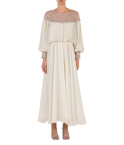 Wide Neck Dress With Gathers And Crystal Embellishment