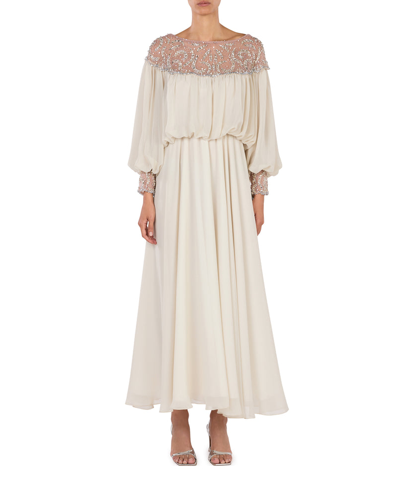 Wide Neck Dress With Gathers And Crystal Embellishment