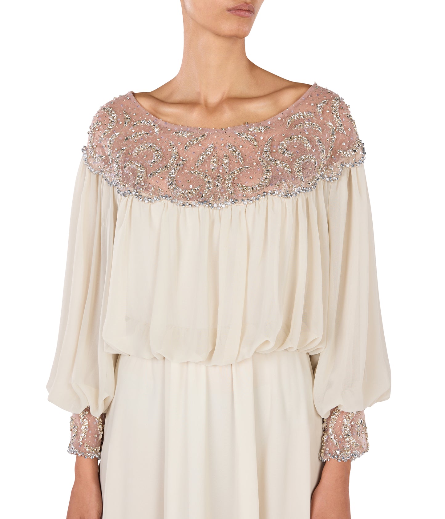 Wide Neck Dress With Gathers And Crystal Embellishment