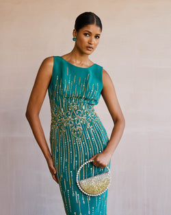 Long Crepe Beaded Dress