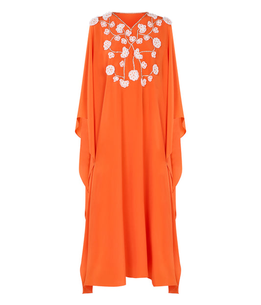 V-Neck Kaftan With Contrasting Flower Applique On Front