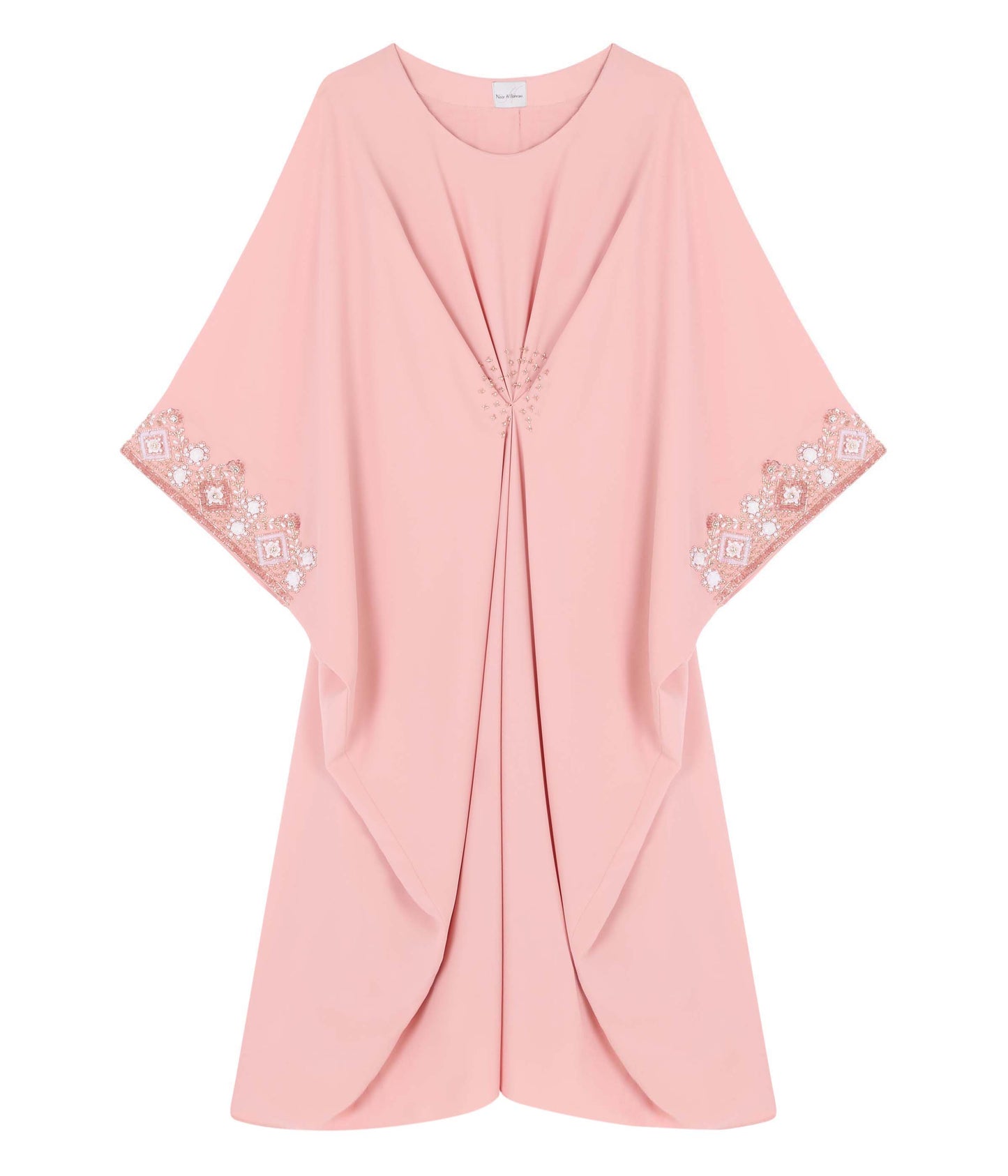 Mini Round Neck Kaftan With Draping Detail And Embroidered Sleeves