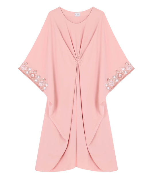 Mini Round Neck Kaftan With Draping Detail And Embroidered Sleeves