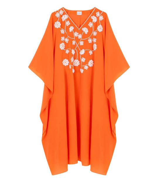 Mini V-Neck Kaftan With Contrasting Flower Applique On Front