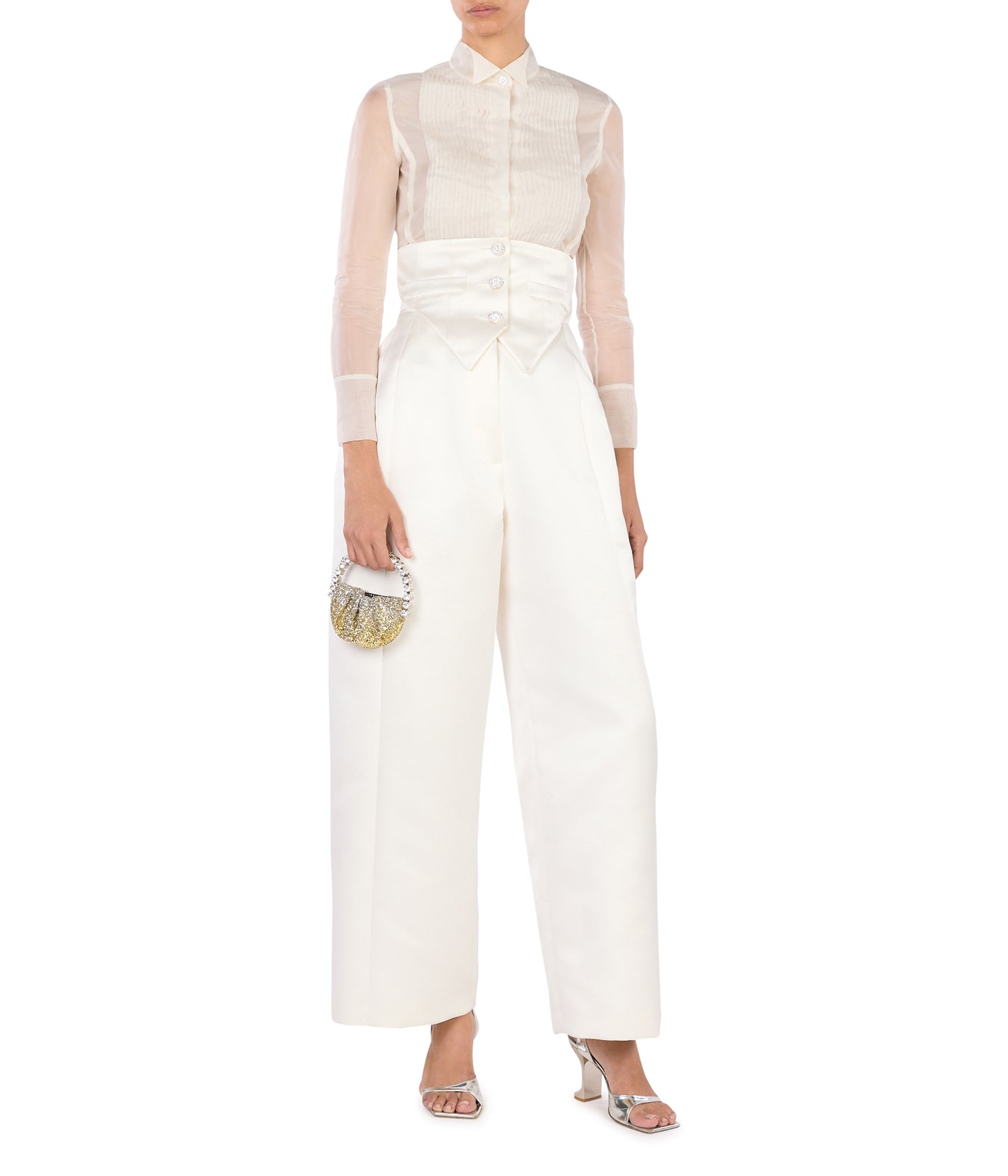 Wide Leg Trousers Paired With Corset Belt And Diamanté Buttons