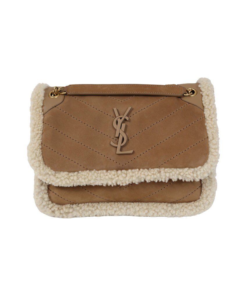 Niki Medium Shearling-Trim Bag