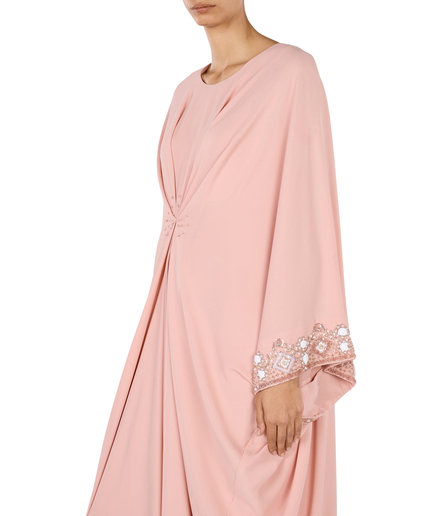 Round Neck Kaftan With Draping Detail And Embroidered Sleeves