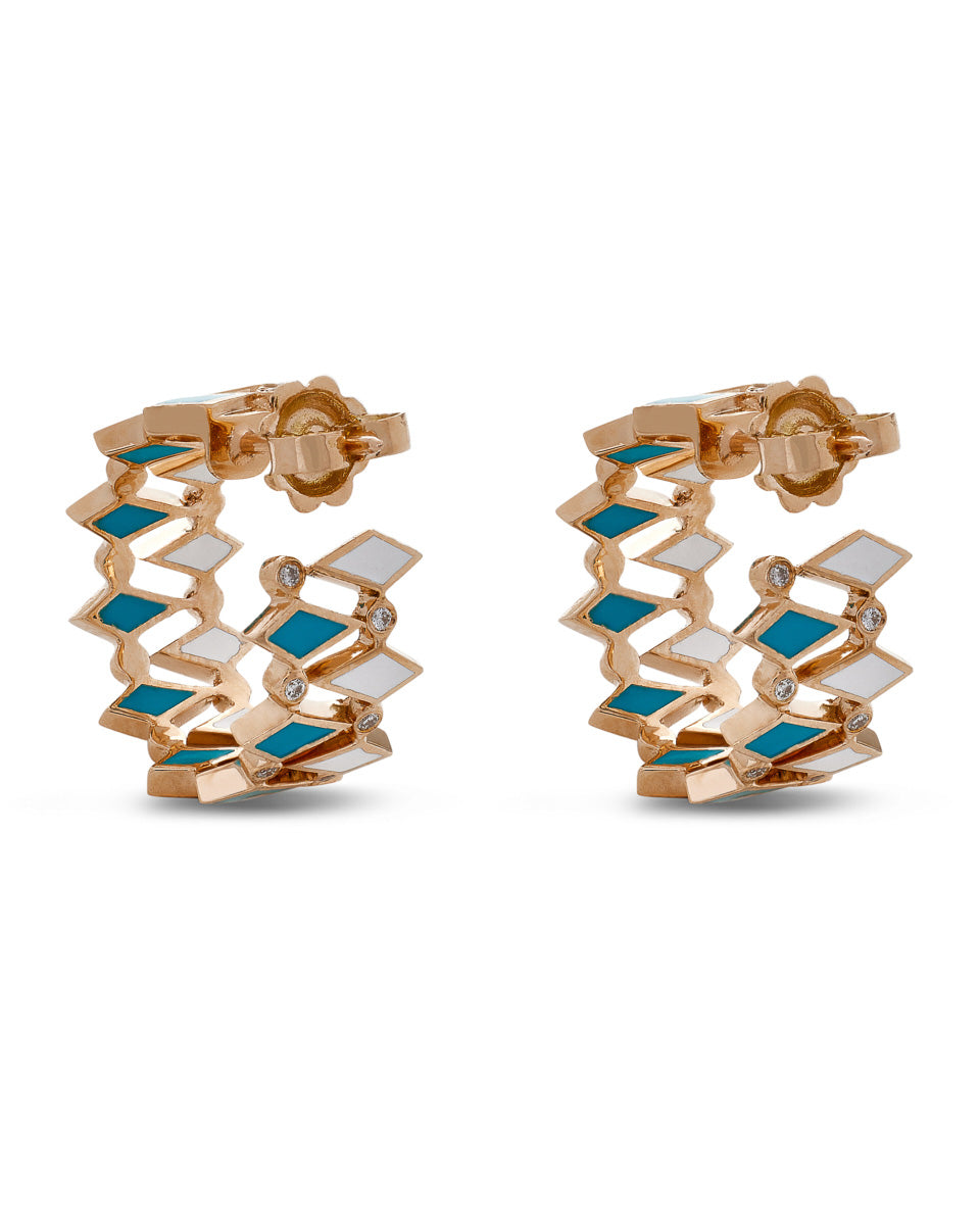 18K Gold Mosaic Double Hoop Earrings With Multicolored Enamel