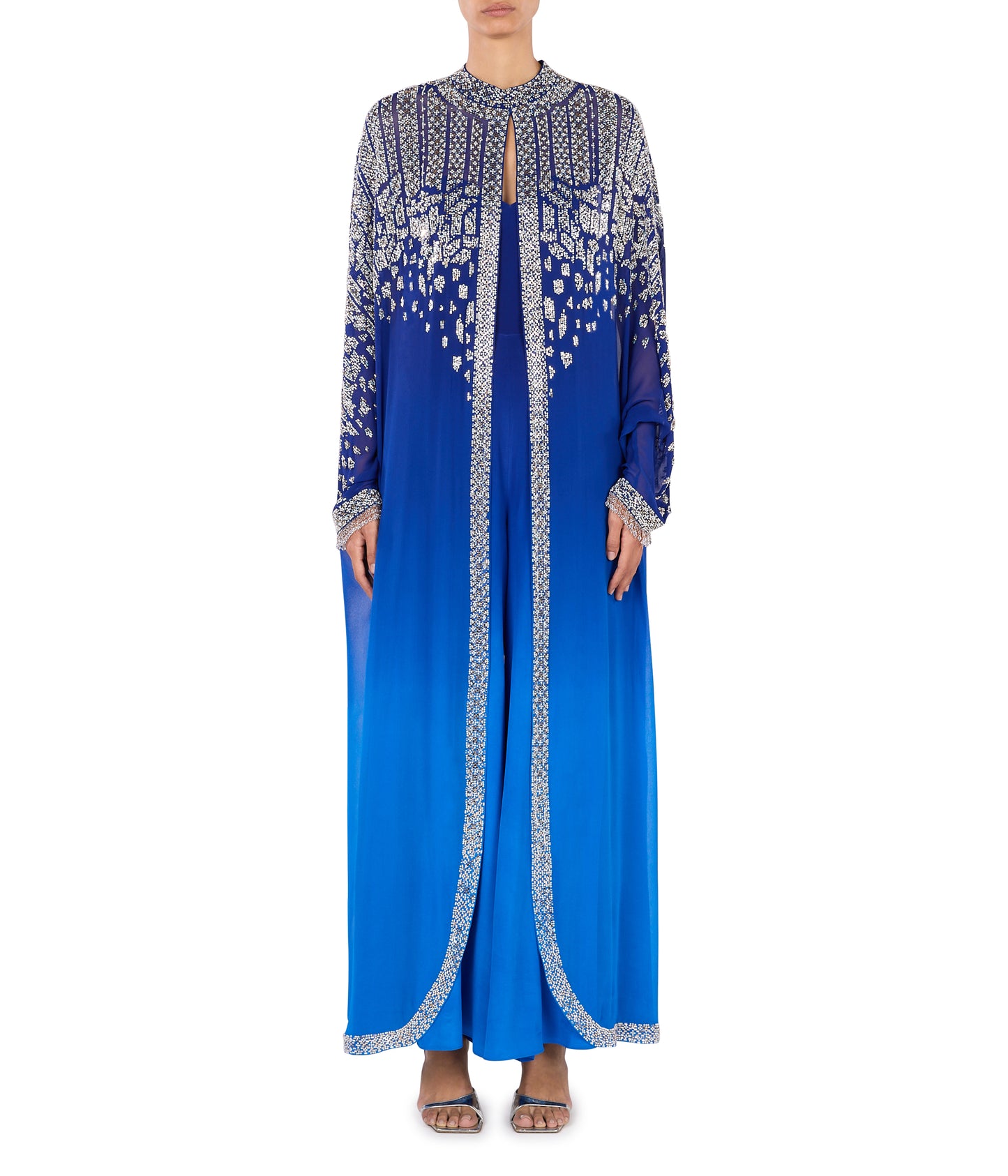 Shaded Blue Kaftan With Crystal And Pearl Embellishment