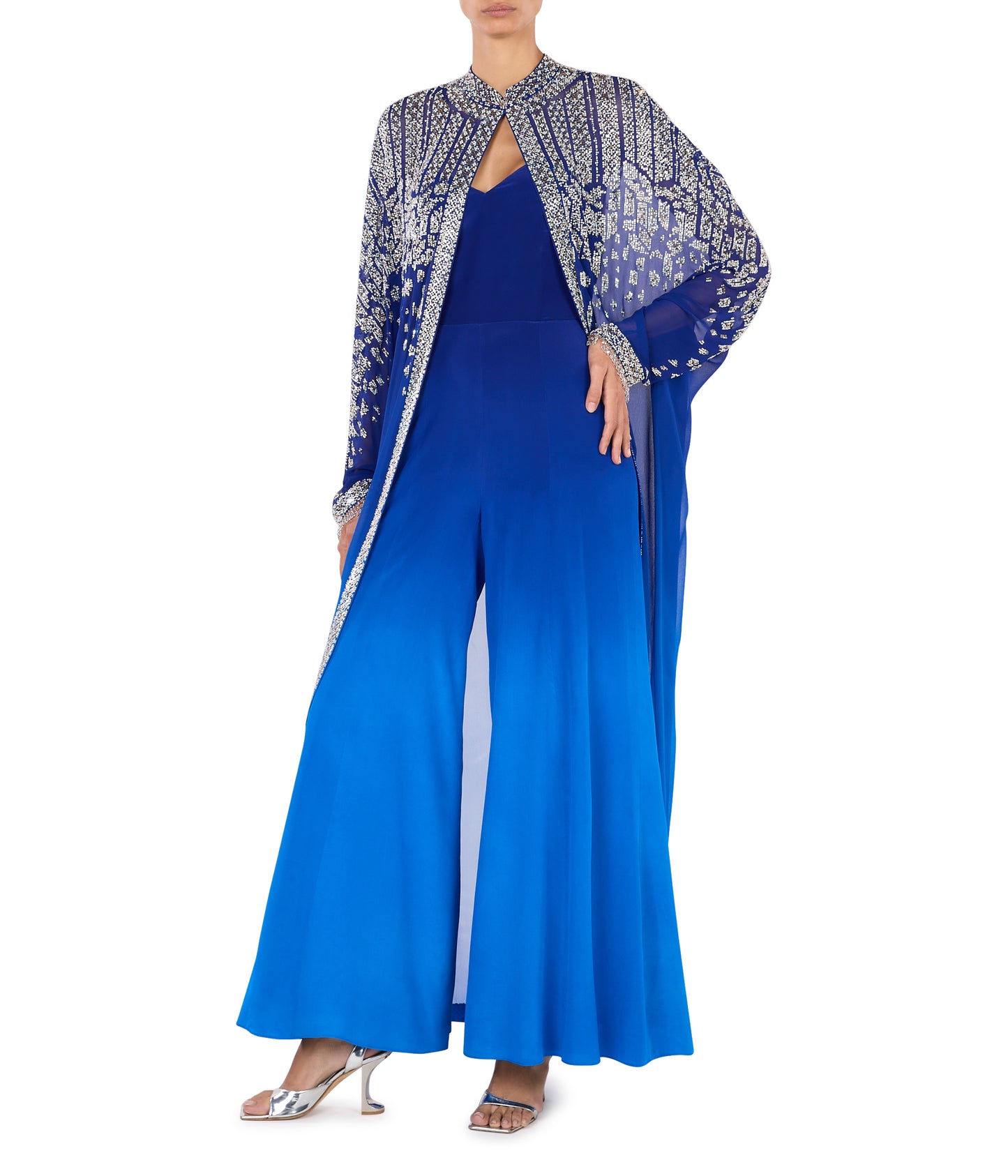 Shaded Blue Kaftan With Crystal And Pearl Embellishment