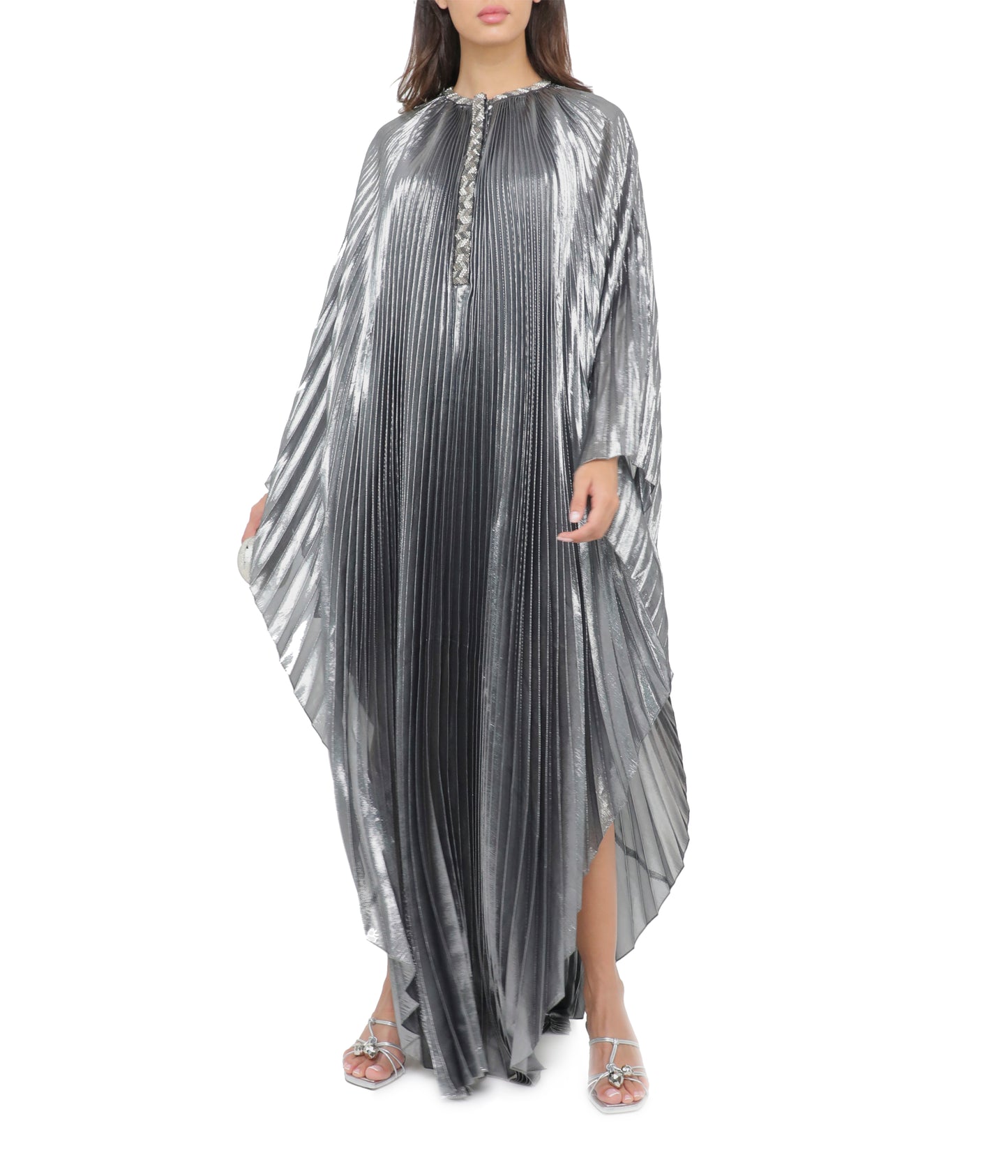 Silver Metallic Plissé Kaftan Dress with Crystal Hand Beading