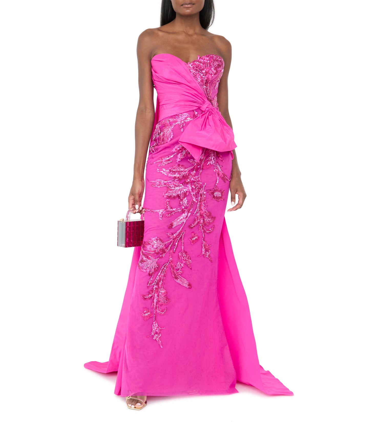 Tulle Strapless Beaded Dress With Taffeta Draping And Tail