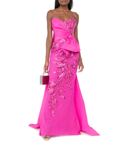 Tulle Strapless Beaded Dress With Taffeta Draping And Tail