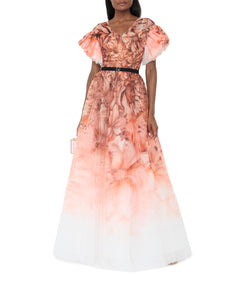 Tulle Printed Dress With Pleated Sleeves