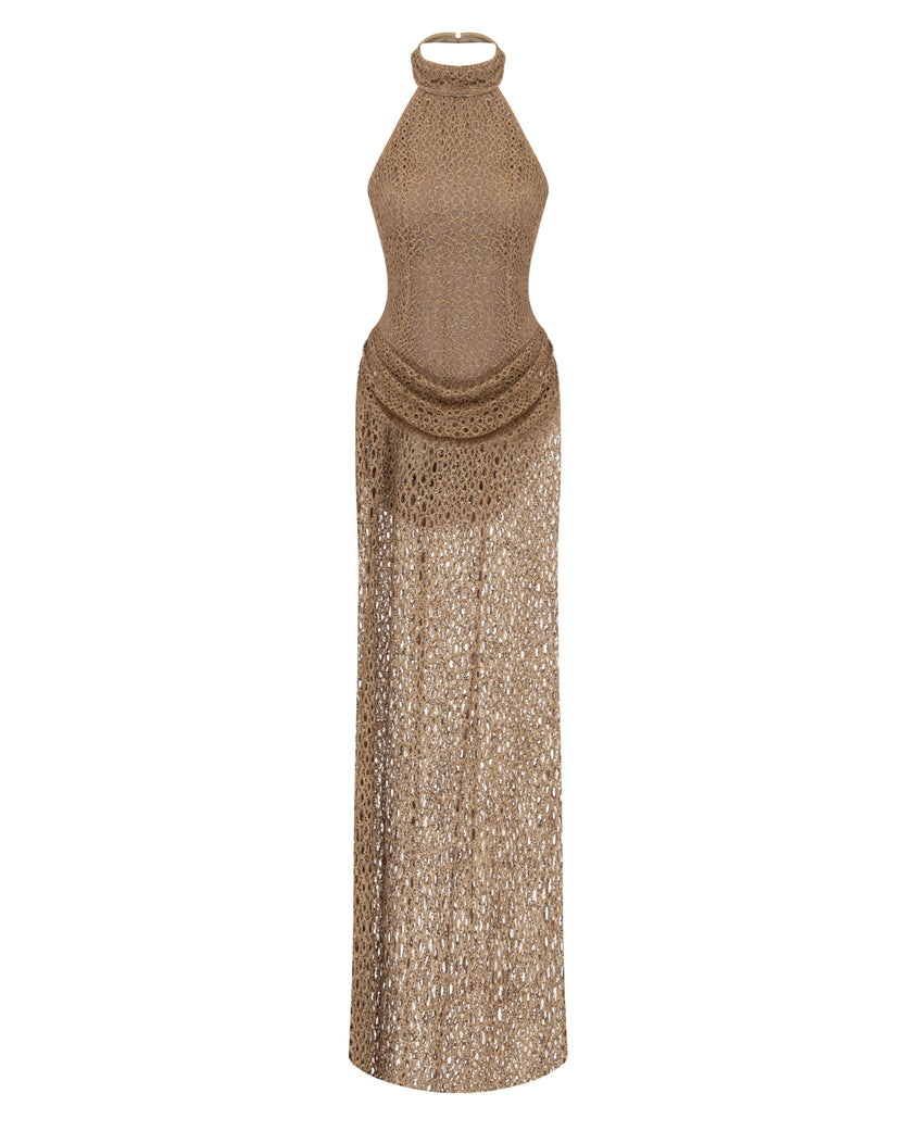 Nasrin Beige Lace Crochet Halter Neck Maxi Dress With Embroidery Details