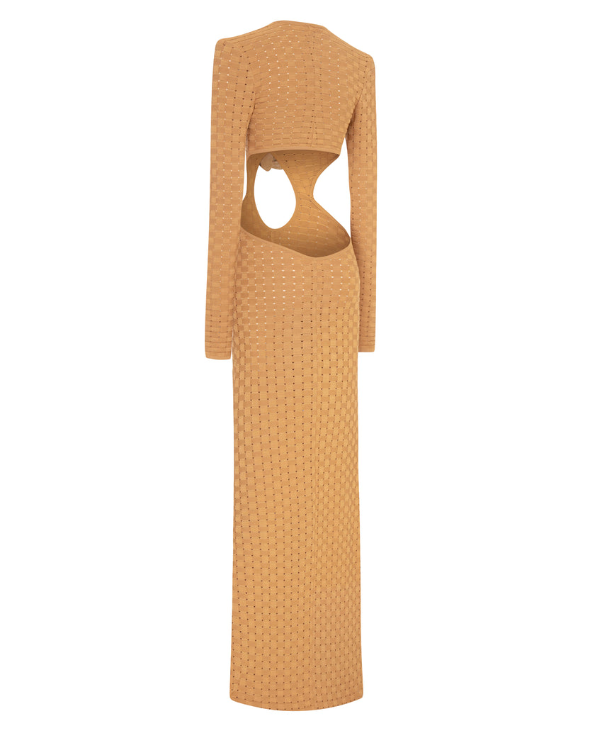 Begonia Beige Tricot Maxi Dress With Flower And Cutout Details