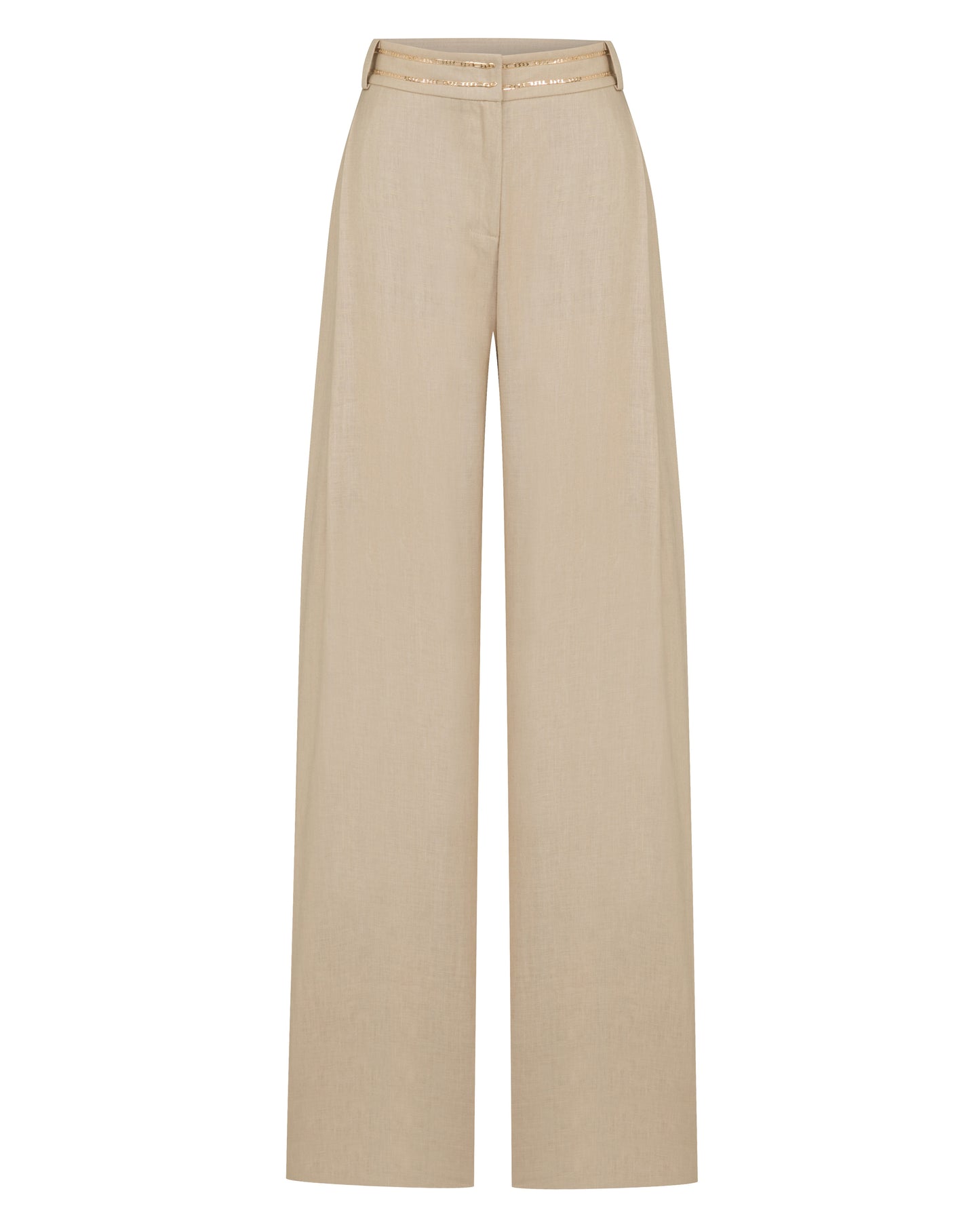 Willow Beige Linen Pleated Pants With Gold Chain