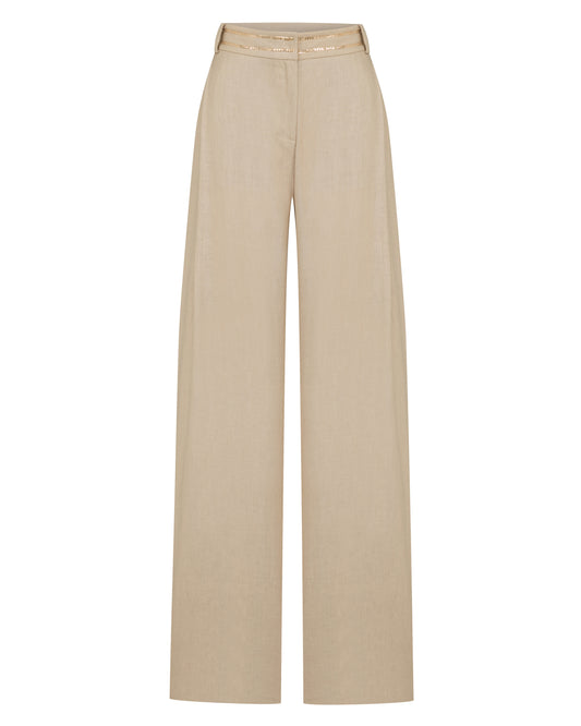 Willow Beige Linen Pleated Pants With Gold Chain