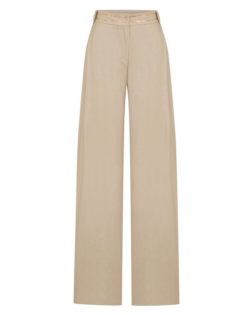 Willow Beige Linen Pleated Pants With Gold Chain