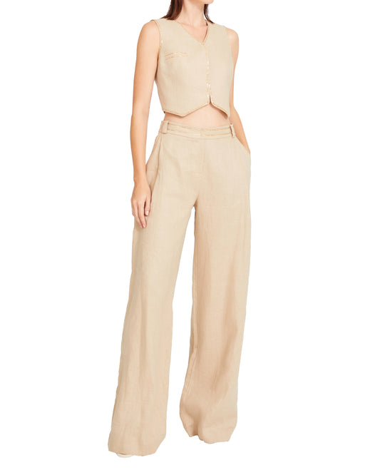 Willow Beige Linen Pleated Pants With Gold Chain