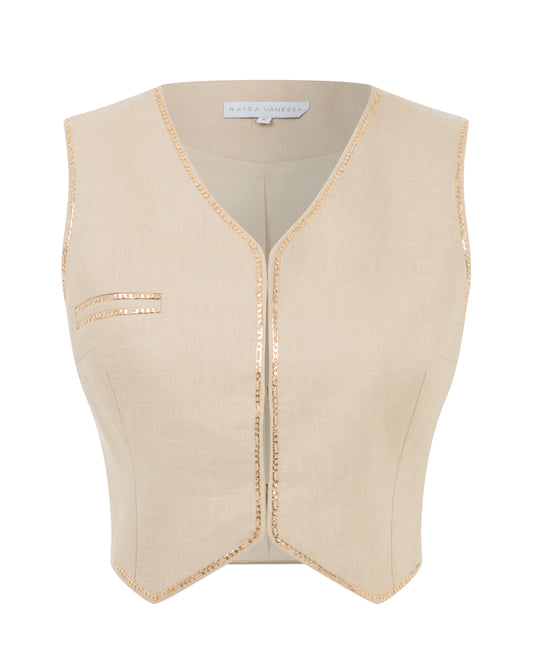 Willow Beige Linen Vest With Gold Chain Details