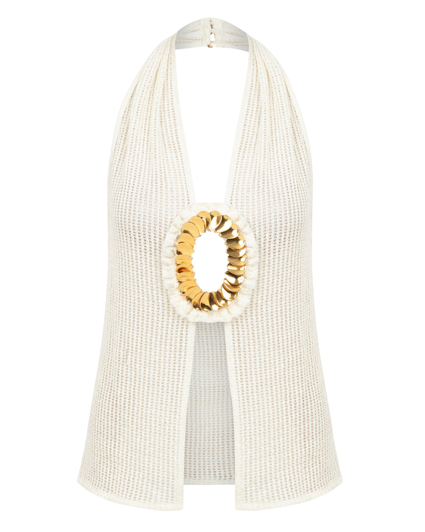 Freesia White Crochet Halter Top With Gold Sequin Details