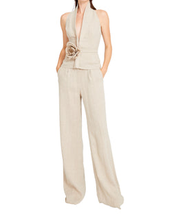 Rhoda Beige Linen Halter Neck Top With Open Front Detail