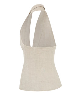 Rhoda Beige Linen Halter Neck Top With Open Front Detail