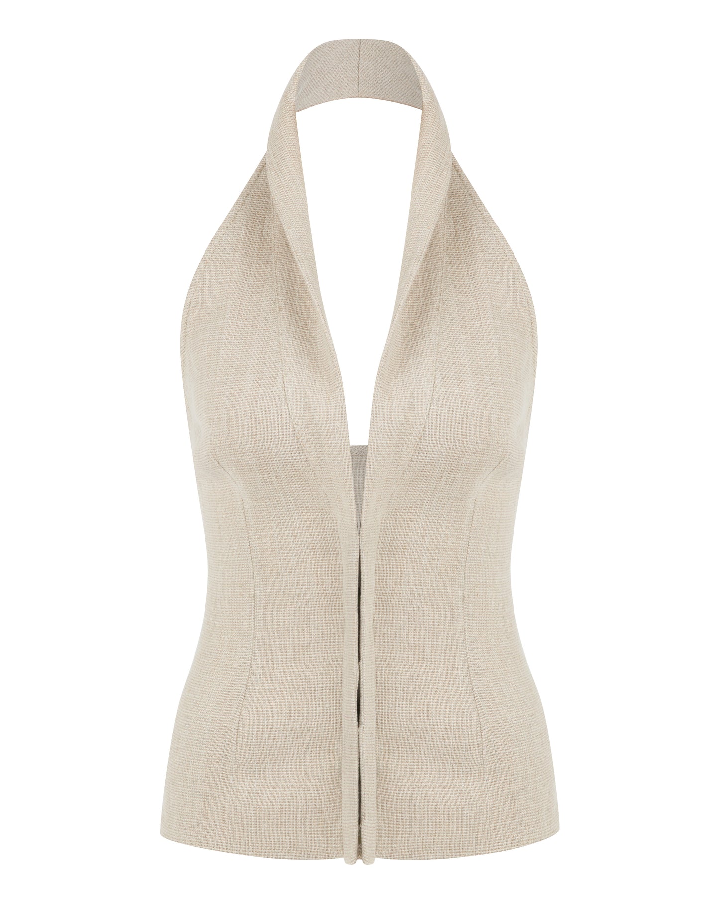 Rhoda Beige Linen Halter Neck Top With Open Front Detail