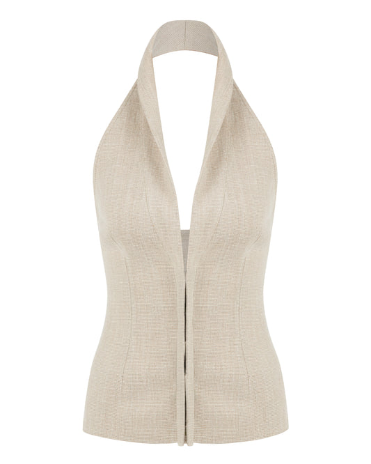 Rhoda Beige Linen Halter Neck Top With Open Front Detail