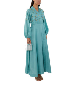 Wrap Dress With Puff Sleeves And Scattered Flower Applique