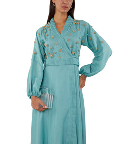 Wrap Dress With Puff Sleeves And Scattered Flower Applique
