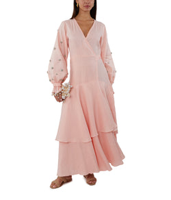 Wrap Dress With Lantern Sleeve And  Flower Applique On Sleeves