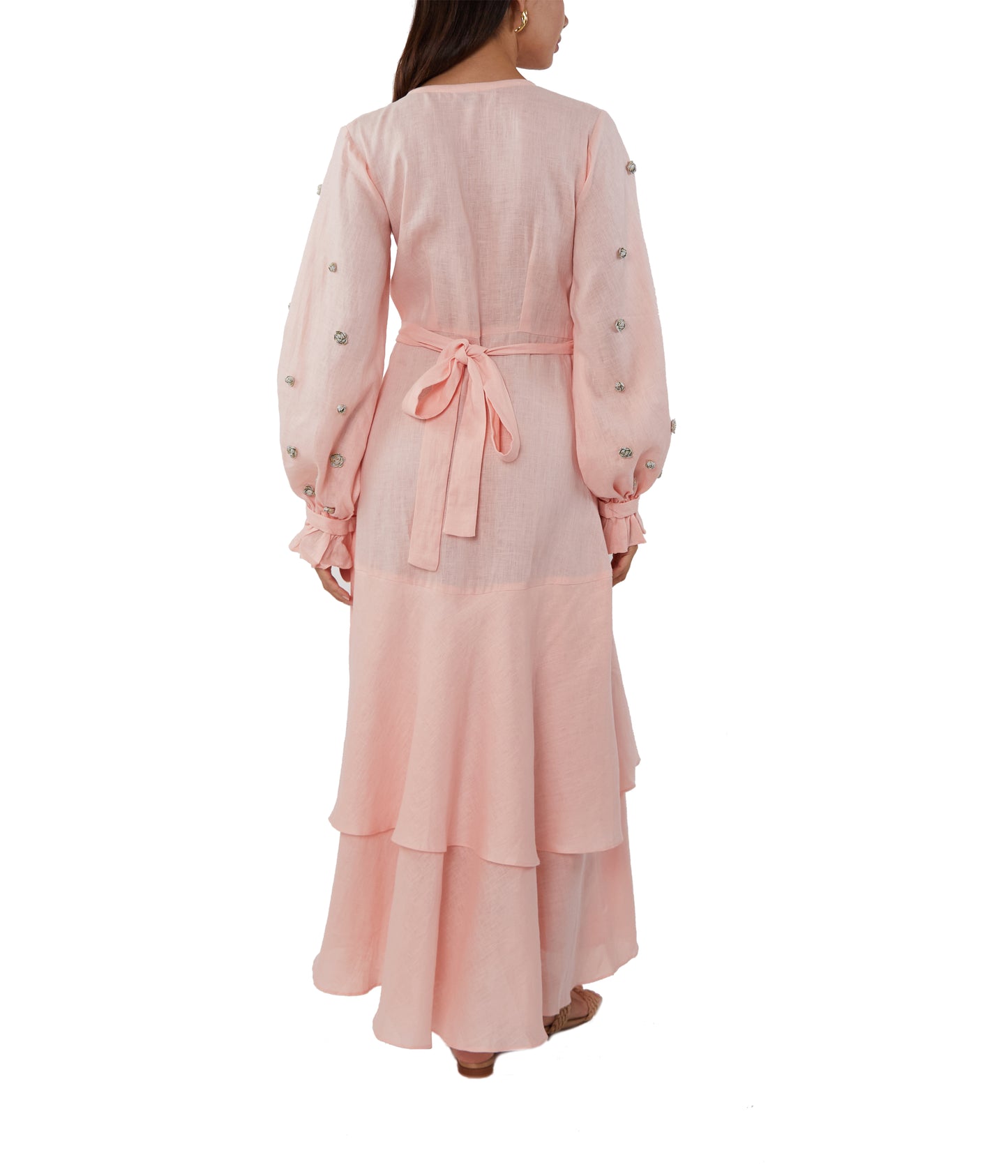 Wrap Dress With Lantern Sleeve And  Flower Applique On Sleeves