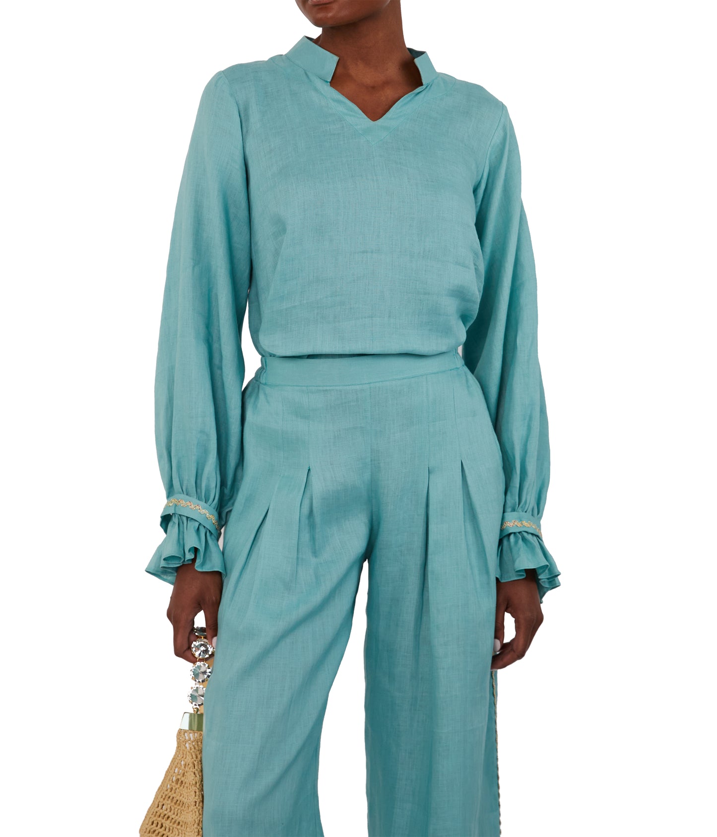 V Neck Top With Lace Embroidered Lantern Sleeve And A-Line Trousers
