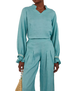 V Neck Top With Lace Embroidered Lantern Sleeve And A-Line Trousers