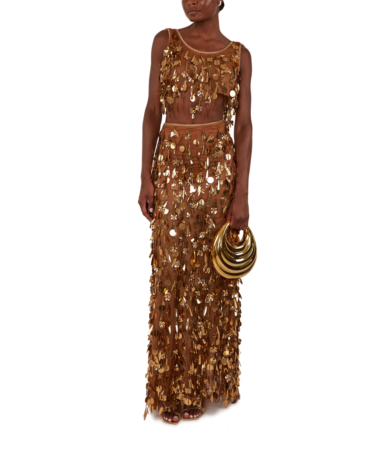 Prunella Bronze Beaded Tulle Maxi Skirt With Dripping Gold Sequin And Embroidery Details