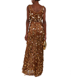 Prunella Bronze Beaded Tulle Crop Top With Dripping Gold Sequin And Embroidery Details
