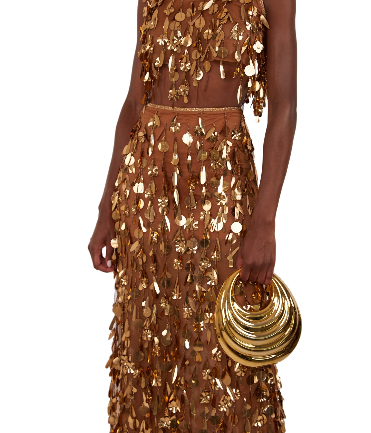 Prunella Bronze Beaded Tulle Crop Top With Dripping Gold Sequin And Embroidery Details