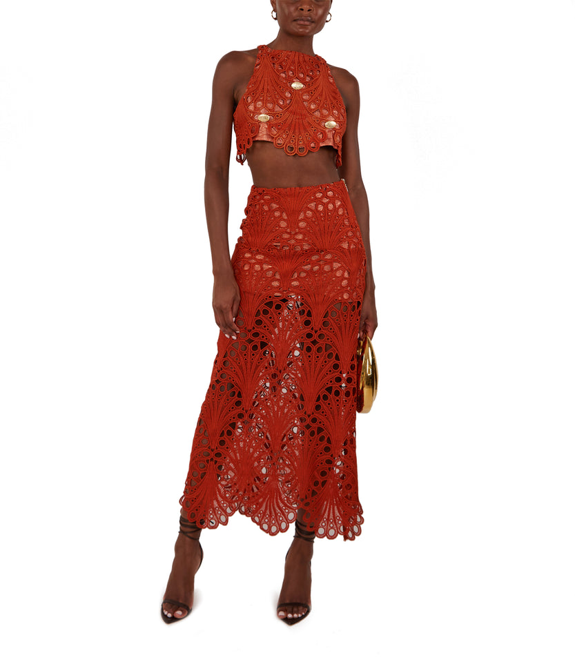 Brick Lace Skirt With Gold Accessory