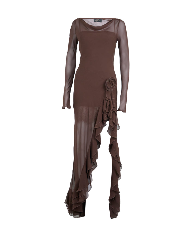 Charmides Maxi Dress In Chocolate Brown Silk Chiffon