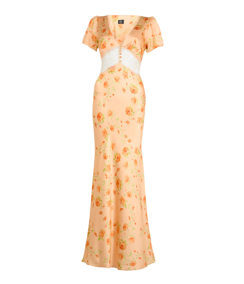 Pavlova Maxi Dress In Peaches Flor De Amor Silk Satin