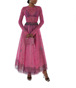 Fuchsia Goa Landscape Embroidered Tulle Dance Dress