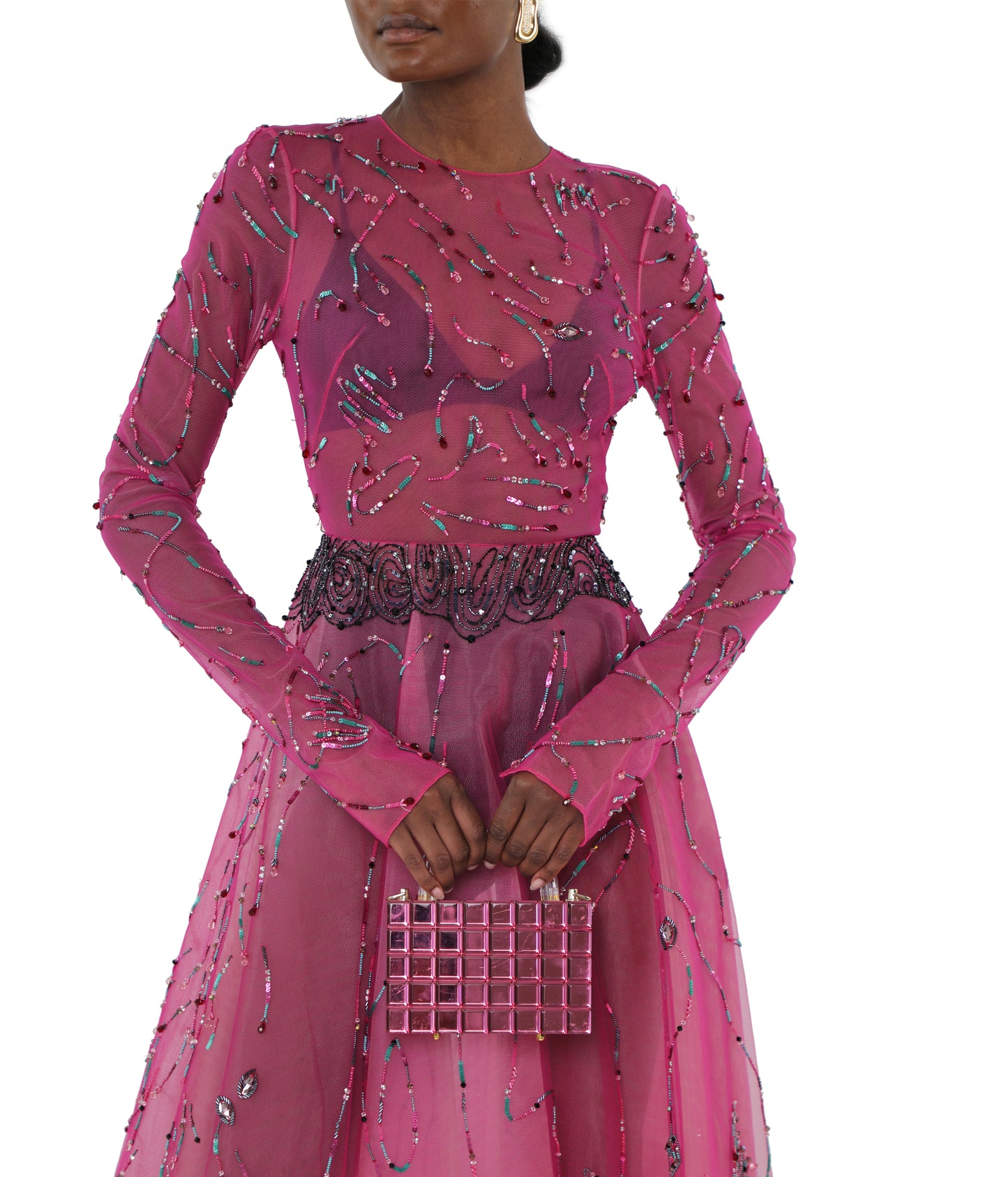 Fuchsia Goa Landscape Embroidered Tulle Dance Dress