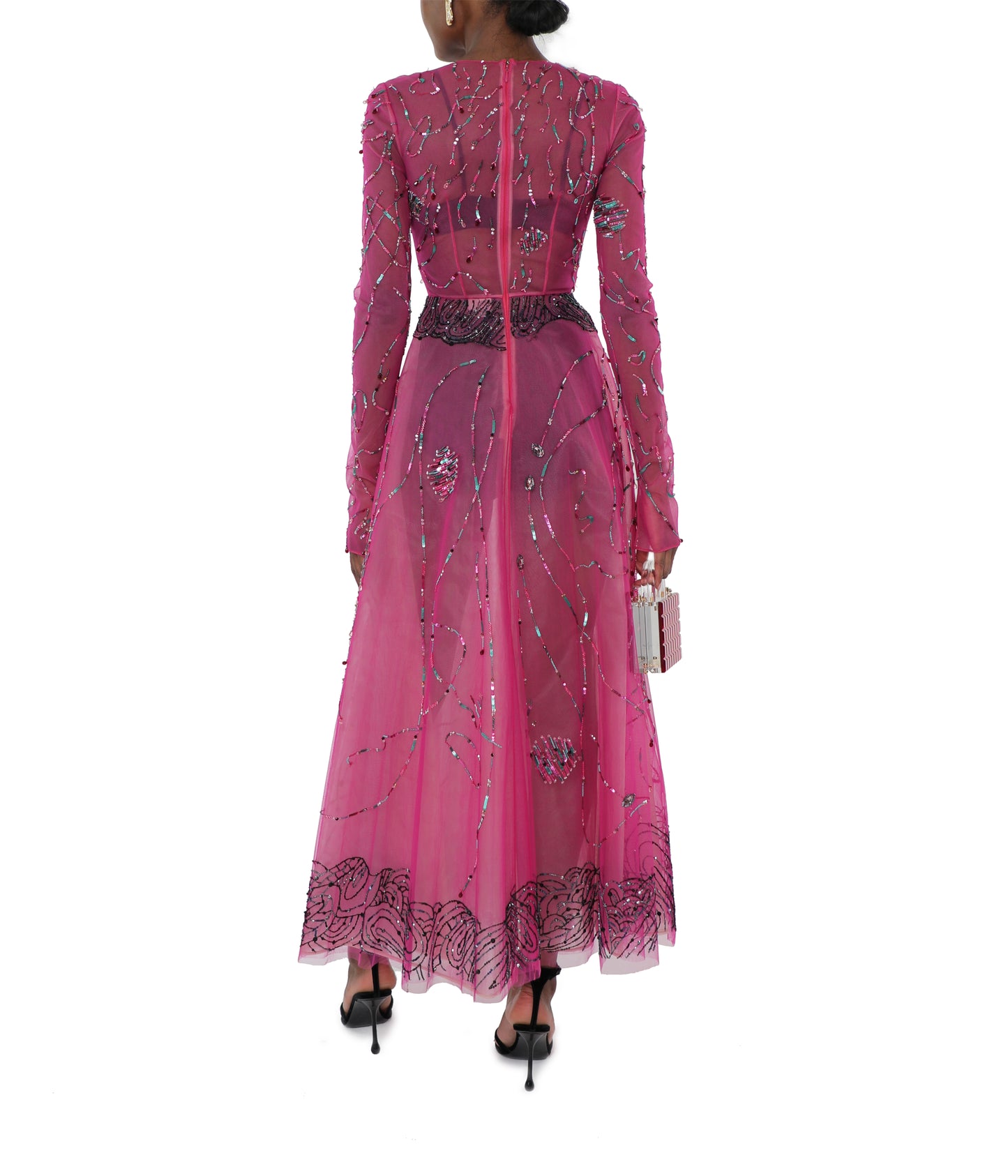 Fuchsia Goa Landscape Embroidered Tulle Dance Dress