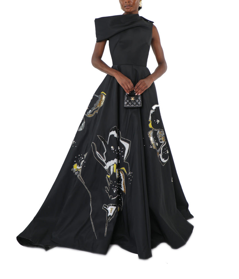 Onyx Faille Gown With Off-Shoulder Bodice And Crystal Hibiscus Embroidery