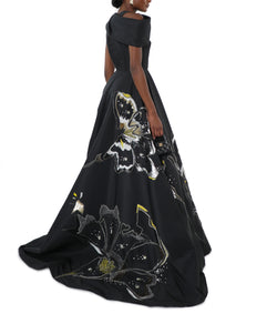 Onyx Faille Gown With Off-Shoulder Bodice And Crystal Hibiscus Embroidery